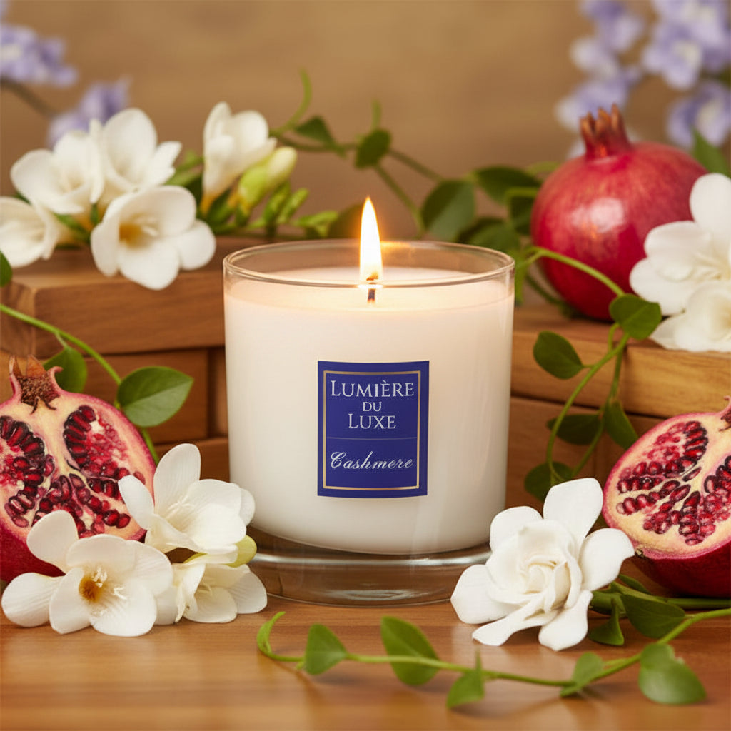A candle with hits of white freesia and gardenia blooming over pomegranate and green vines, grounded in warm woods