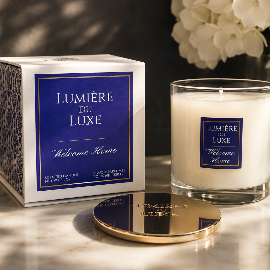 Welcome Home a beautifully presented luxury scented candle, gift box and gold toned lid.